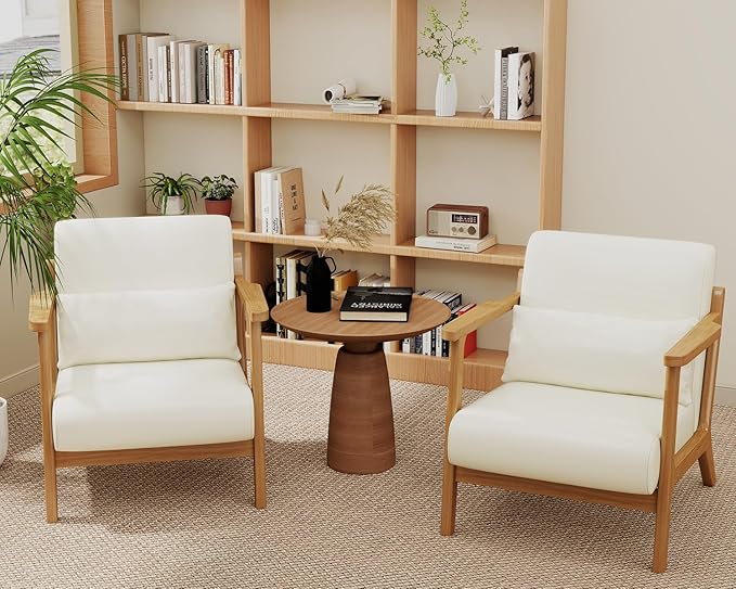 Modern Accent Chair and Ottoman Set Mid-Century Faux Leather Upholstered Lounge Armchair with Solid Wood Frame &amp Comfortable Cushion for Living Room Bedroom Balcony Beige