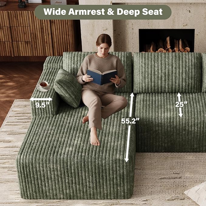 103 L Shaped Boneless Sectional Couches for Living Room Comfy Sectional Couches Deep Seat Modular Sofa Cloud Fluffy Couch with Left Facing Chaise No Assembly Needed Olive Green