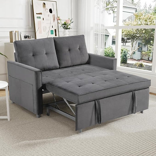 Rovibek 3-in-1 Velvet Sleeper Sofa Bed Convertible Pull Out Couch for Living Room with Adjustable Backrest Side Pockets Velvet Fabric Loveseat Sofa for Apartment Grey