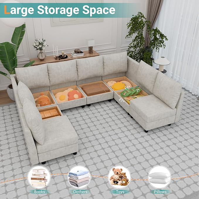 Fiona's magic Modular Sectional Sofa Set 8 Seats Sleeper Sofa Couch with Storage Sectional Sofa Couch with USB Charging Port Modern Comfy Chenille Couch for Living Room Beige