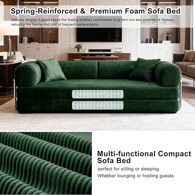 78 Inch Folding Convertible Sofa Bed 4-in-1 Oversized Cloud Corduroy Upholstered Boneless Couch Loveseat Sleeper with Pull Out Bed Modular Futon Floor Sofa Couch for Living Room Bedroom Lounge