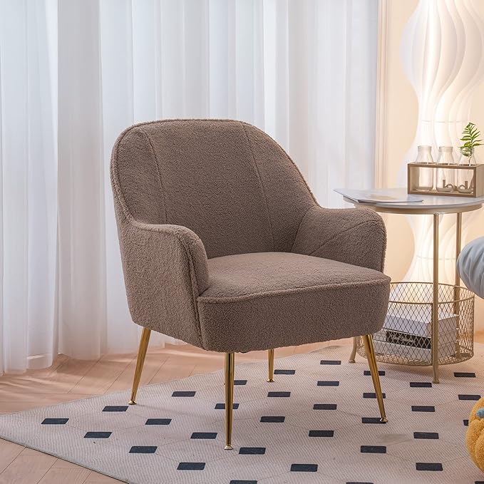 Modern Soft Teddy Fabric Brown Ergonomics Accent Chair Living Room Chair Bedroom Chair Home Chair with Gold Legs and Adjustable Legs for Indoor Home