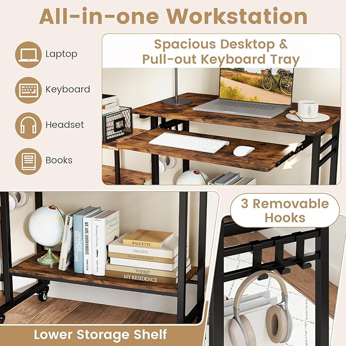 NAFORT Mobile Computer Desk with Lockable Wheels Home Office Writing Table with CPU Stand Compact Laptop Cart with Pull-Out Keyboard Tray Laptop PC Workstation for Small Spaces Rustic Brown