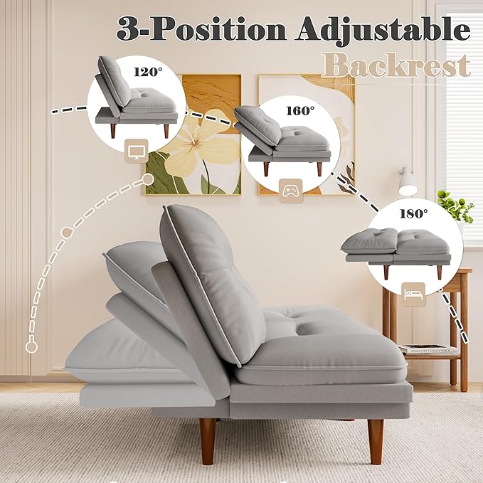 Homall Futon Sofa Bed Modern Loveseat Futon Couch with Adjustable Backrest and Armrests Sleeper Sofa Bed with Wood Frame for Living Room Office Apartment (Fabric French Grey)