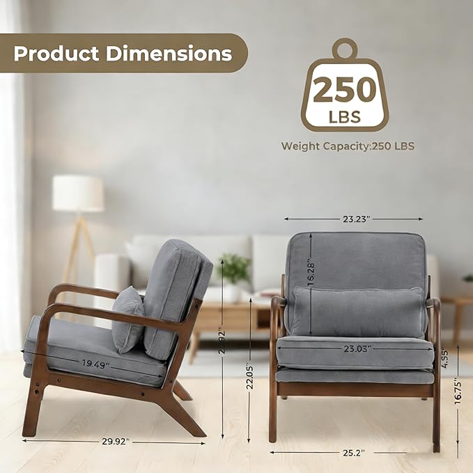 Simple Deluxe Mid-Century Modern Wood Accent Chair &amp Cozy Reading Chair Upholstered Living Room Chair with Waist Cushion Solid Wood Chair with Pillow for Bedroom Grey