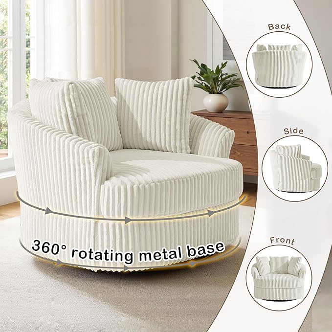 Oversized Round Swivel Barrel Accent Chair with Pillows Comfy Modern Chaise Lounge Sofa Indoor for Living Room Bedroom (Beige Set of 1)