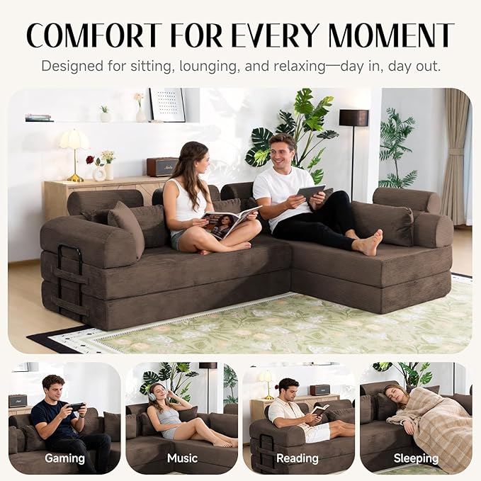 106 L-Shaped Modular Boneless Couch 2-Piece System (2×70.87) Convertible Sectional to 141.7 Straight Sofa Corduroy Couch in a Box Headrest &amp Back Pillows for Living RoomBrown