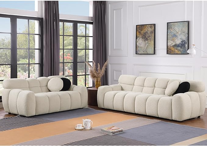 GNIXUU 65” Boucle Cloud Sofa Modern Tufted loveseat Sofa Couch with 2 Pillows Comfy Marshmallow Couches for Small Space Bedroom Apartment Office(Beige)