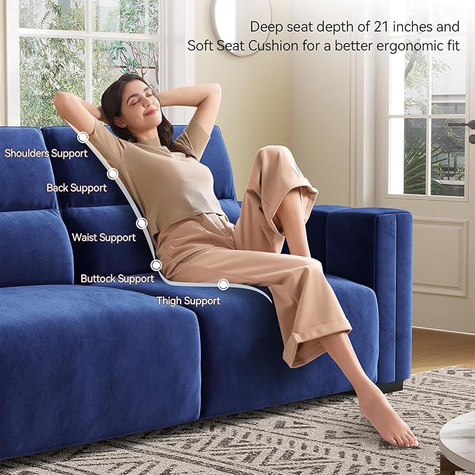 82 Inch Sofa with Extra Deep Seats Oversize Velvet Fabric 2 Seater Sofa for Living RoomModern Couch and Loveseat Comfy Armrests and Seats and Backrests Easy Installation Blue