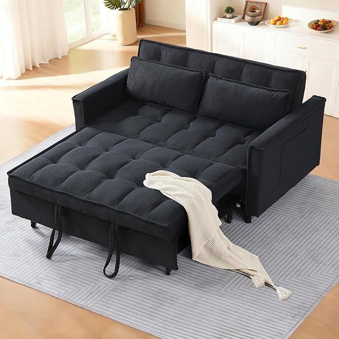 3 In 1 Corduroy Convertible Sofa BedPull Out Couch Bed with Reclining Backrest And 2 Pillows 54 Full Size Loveseat Sleeper Sofa Futon Couch Bed Couches For Small Spaces Living Room (Dark Grey)