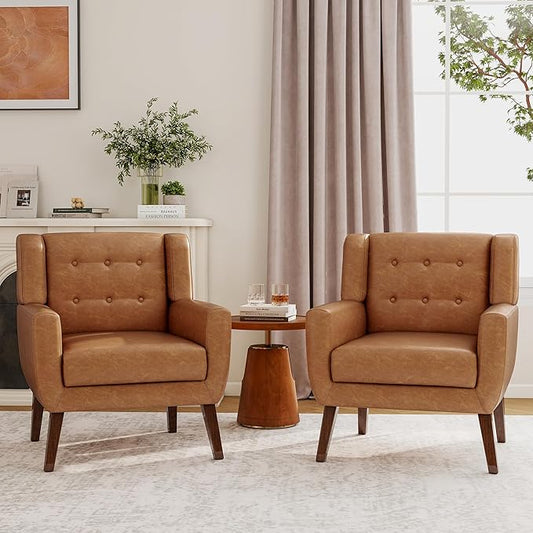 Accent Chairs Set of 2 Modern Faux Leather Armchairs for Living Room Comfy Upholstered Arm Chairs Tufted for Indoor Bedroom Office Room (P Brown)