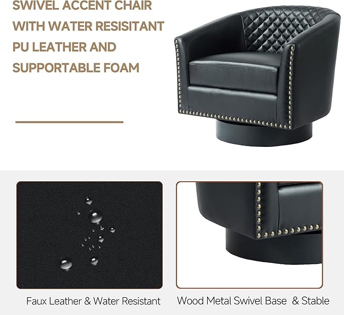 Swivel Barrel Accent Chair Faux Leather Club Chair for Living Room Modern Upholstered Round Armchair Side Chair for Bedroom Office-Black