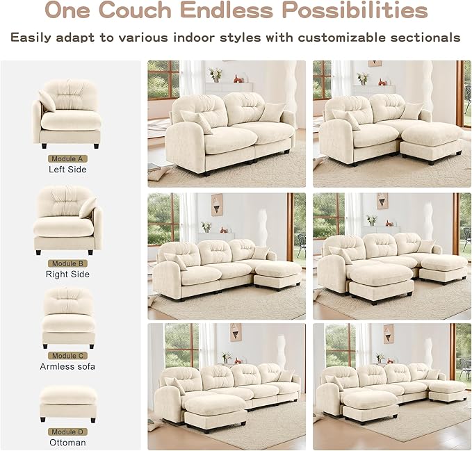 140 U Shaped Couch for Living Room Comfy Chenille Fabric Cloud Sectional Couch Modern Upholstered Deep Seat Sofa with Pillow and 2 Movable Ottoman Oversized 4 Seater Sectional Sofa Beige