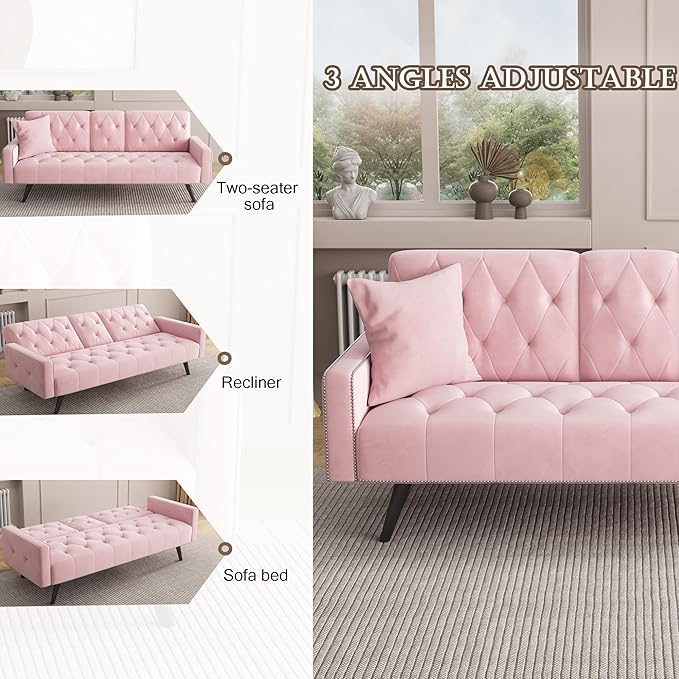 72 Pink Velvet Futon Sofa Bed - 2 Cup Holders 3-Position Convertible Pink Couch for Living Room Small Spaces with Nailhead Trim