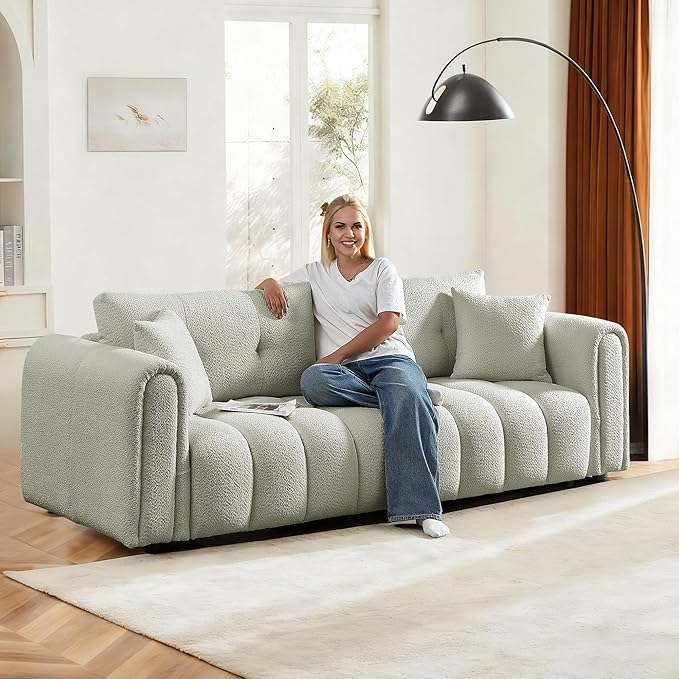 91.5 Sofa Couch w/Medium Firm Seat Cushion Tufted Back and Deep Seats &amp Chenille Fabric 3 Seater Couch Sofa for Living Room Apartment Lounge Office (Light Green)