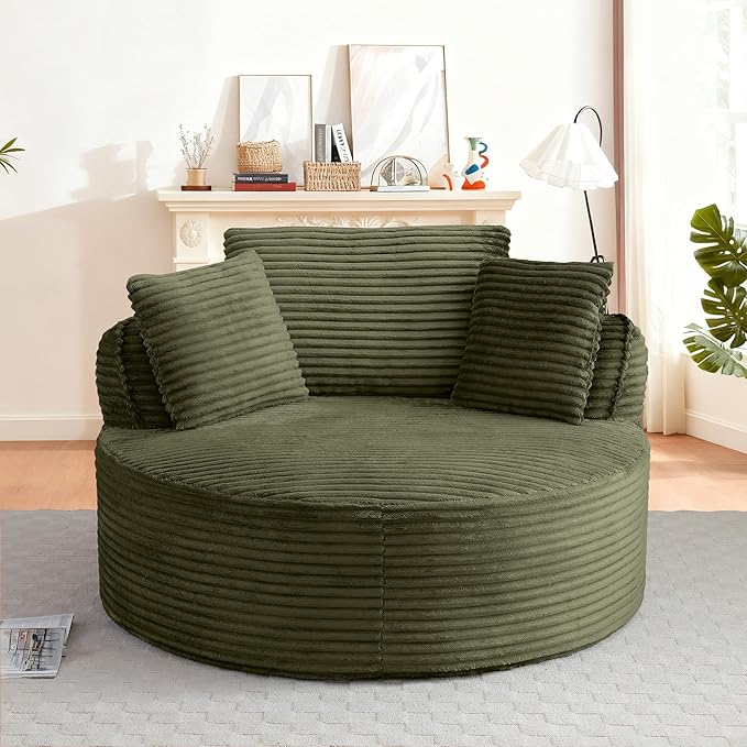 53W Oversized Round Chair Lounge Chaise Indoor Corduroy Comfy Circle Reading Armchair Upholstered Modern Cloud Boneless Chairs Cozy Floor Sofa Chair for Living Room Bedroom Apartment(Green)