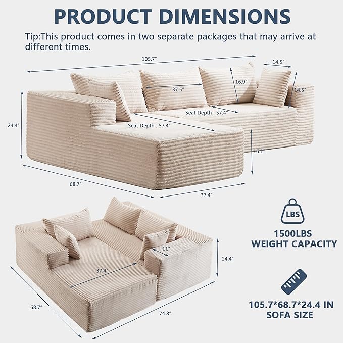 109 Modular Sectional Couch with L-Shape ChaiseBoneless Sofa for Living RoomModern Cloud Couch with Deep SeatNo Assembly RequiredLovesetWhite(Left Facing Chaise)