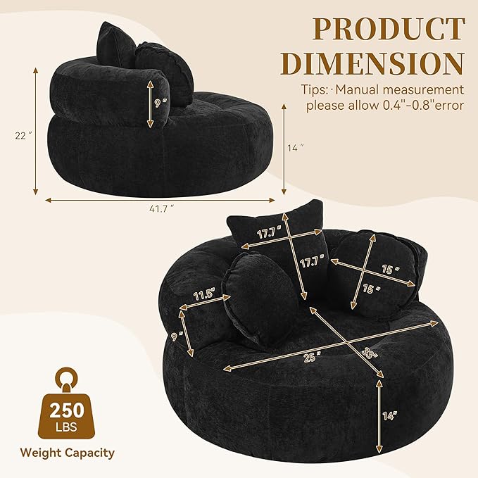 Round Oversized Chair Floor Sofa Chair Chenille Compressed Circle Chaise Lounge No Assembly Boneless Barrel Chair Lazy Bean Bag Couch Accent Chair for Living Room Bedroom DormBlack