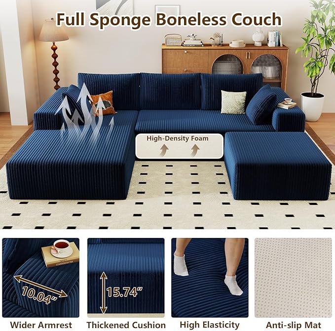 96 U-Shape Cloud Couch Modern Modular Sectional L-Shape Sofa with Ottoman Corduroy Upholstered Couches Deep Seat Sleeper Chaise Longue for Living Room No Assembly Required(Blue Left Facing)