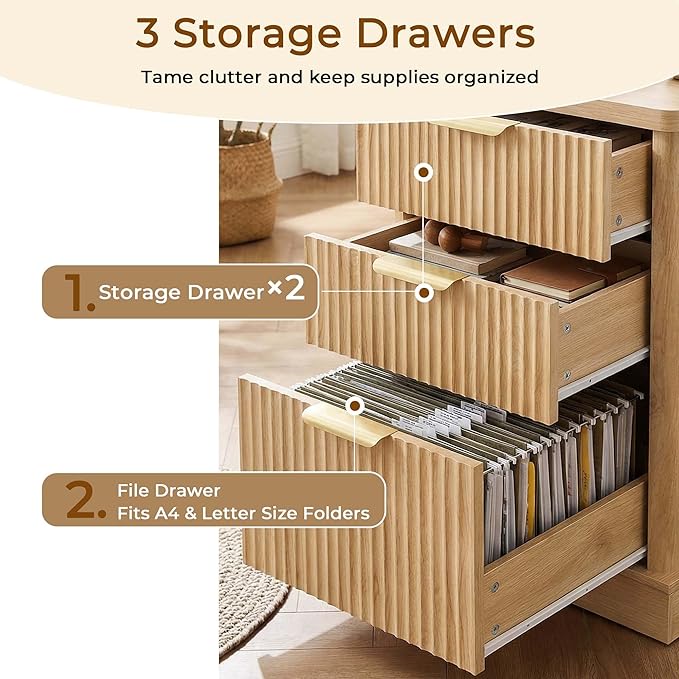 59'' Farmhouse Desk with 5 Drawers &amp Charging Station Wood Executive Desk with Storage Cabinet &amp Keyboard Tray White Computer Desks with Monitor Stand for Home Office (Natural 59 × 30 L Sha