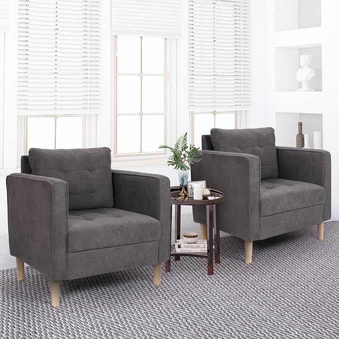 STHOUYN Mid Century Modern Upholstered Fabric Accent Chair with Arms Set of 2 Armchair Comfy Reading Chair for Living Room Studio Office Couch Single Sofa Set Bedroom Grey