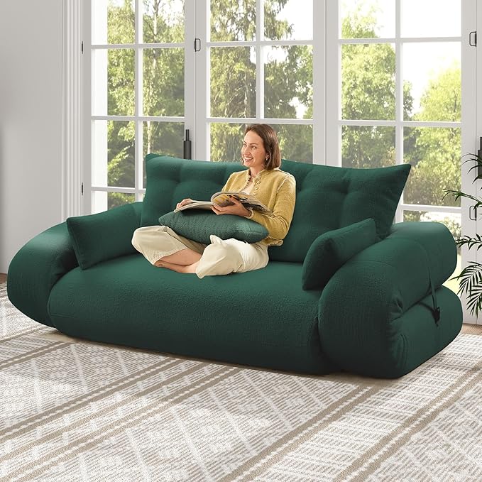 Rovibek 94 x 78 Oversized Floor Sofa with 4 Pillows 3-in-1 Convertible Sleeper Sofa Bed Compressed Couch in a Box for Living Room Apartment and Guest Roomg Green