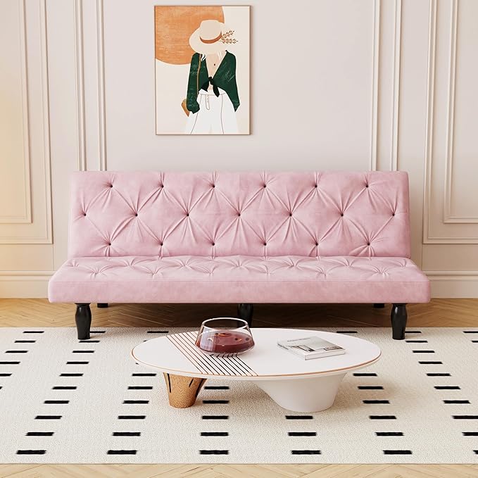 72 Pink Velvet Futon Couch Living Room Couch Bed Convertible Sleeper Sofa Bed with Cup Holder for Bedroom Guest Bed 2 Seater Reclining Sofas Couches with Nailhead Trim for Small Space (Pink New)