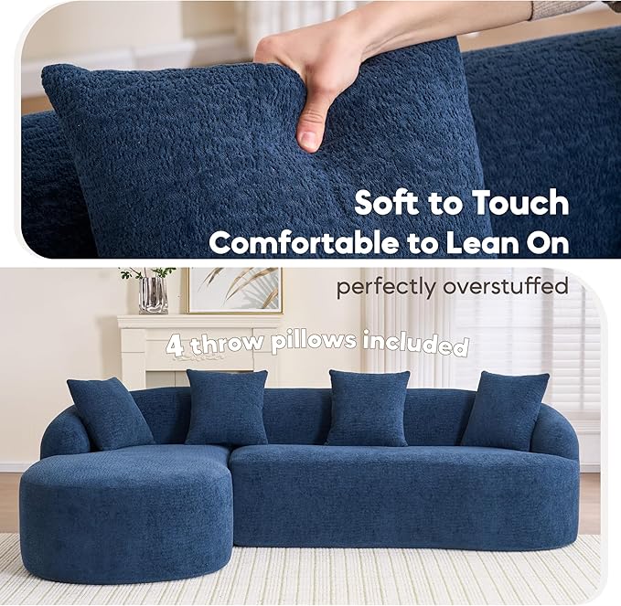 DEINPPA L Shape Modular Couch 3-Seater Chenille Comfy Couch with Throw Pillows Modern Cloud Sofa for Living Room Apartment-Navy Blue