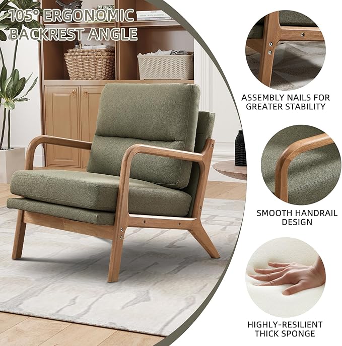 Mid Century Modern Accent Chair Linen Fabric Upholstered Lounge Arm Chair with Solid Wood Frame and Soft Cushion for Living Room Bedroom Balcony (1 Green)