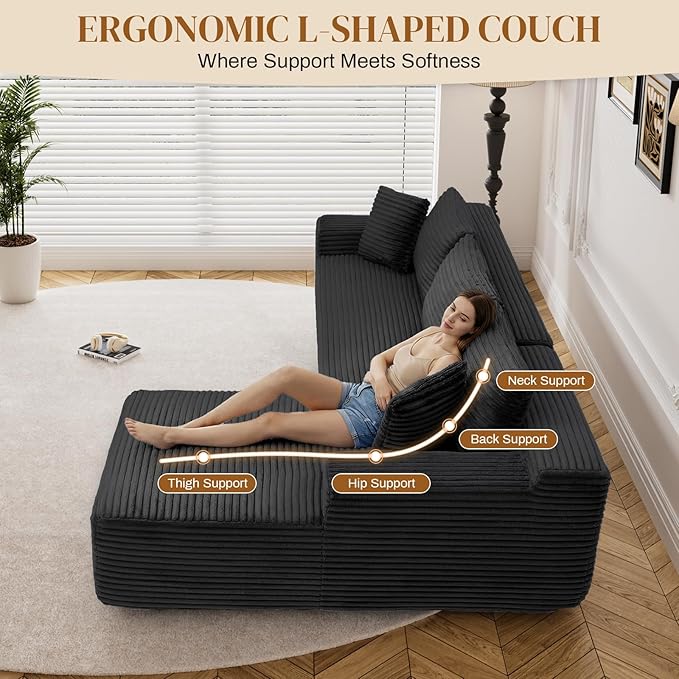 95 Boneless Cloud Sectional Couches for Living Room Comfy Fluffy L Shaped Memory Foam Deep Seat Boneless Couch Modular Sectional Sofa with Left Facing Chaise Black
