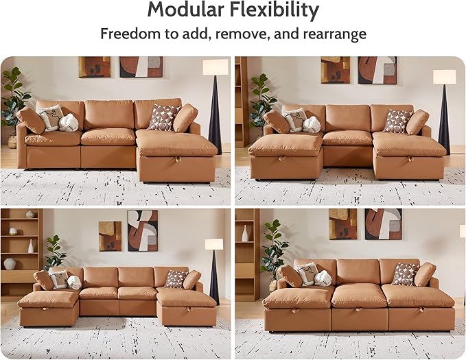 WEUP 130 Faux Leather Sectional Couch U Oversized Shaped Modular Sofa with Storage Ottoman Scratch Resistant Leather Sofa Spacious Deep Seat Mid Century Modern Couches for Living Room Brown