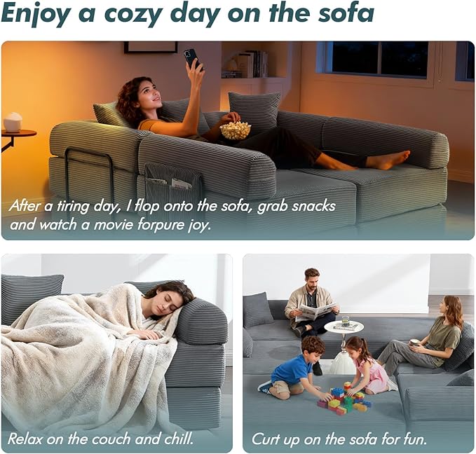 10-in-1 Folding Convertible Sofa Bed 141 Inch Boneless Couch with Fixed-Shape Frame Corduroy Modular Sectional Sofa Mattress Sleeper Sofa Floor Sofa Futon Couch for Living Room (Grey)