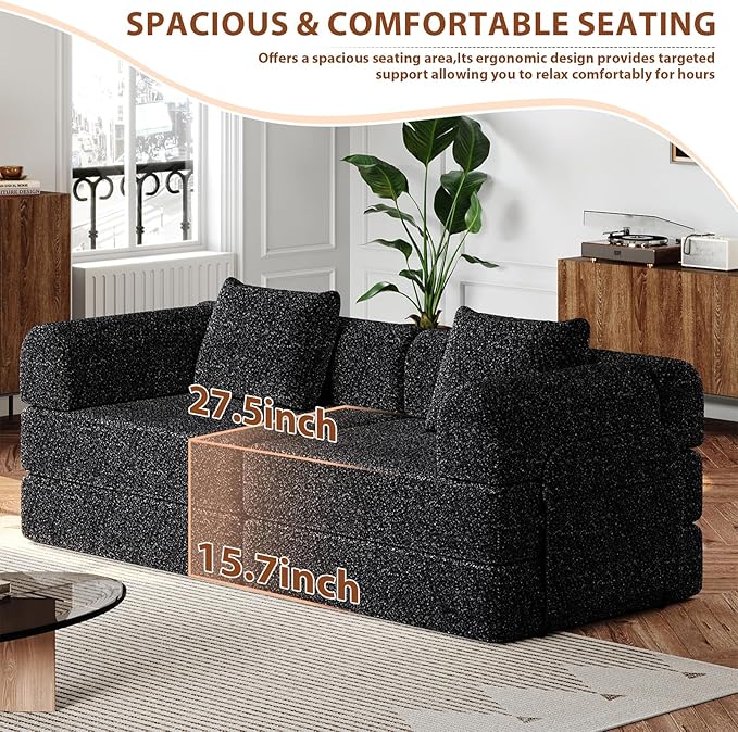 Convertible Sofa Bed 72.4+ 72.4 Sectional Couch 4-Seater with Storage Pockets Modular Sleeper Couch Chenille Folding Floor Boneless Lounge Sofa for Living Room Guest Room Black