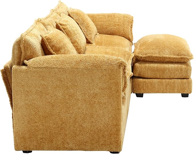 kevinplus 112'' Sectional Sofa Couch with Convertible Ottoman for Living Room Modern Contemporary 3-Seat L-Shape Sofa Couch for Apartment Home Office Thick Cushion &amp Boucle Fabric Yellow