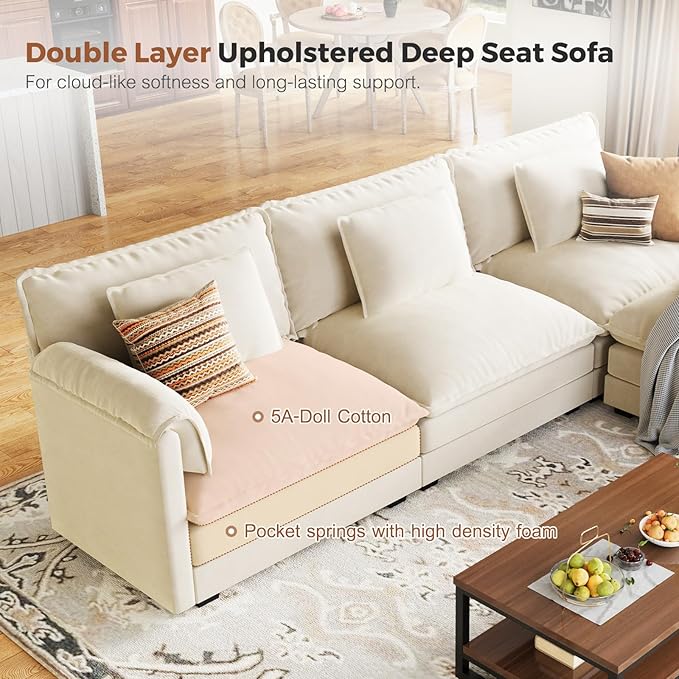 ABCASA Oversized 150 U Shaped Couch Modular Sectional Sofa 6-Seat Comfy Cloud Couch with 4 Pillows Deep Seat Couches for Living Room Bedroom and Apartment Chenille Beige