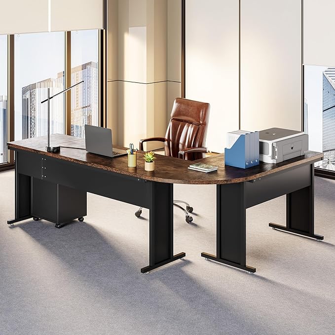 LITTLE TREE 83 Inch L-Shaped Office Desk with Drawers Large Executive Office Desk with Storage Wooden Computer Desk with File Cabinet Modern Work Desk for Home Office Brown