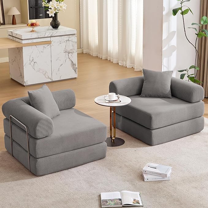 Convertible Modular Couch Sofa Bed 4 in 1 Sleeper Floor Sofa with Folding Mattress Corduroy Fold Out Boneless Couch Bed with 2 Pillows Comfy Foldable Lounge for Living Room Bedroom Grey