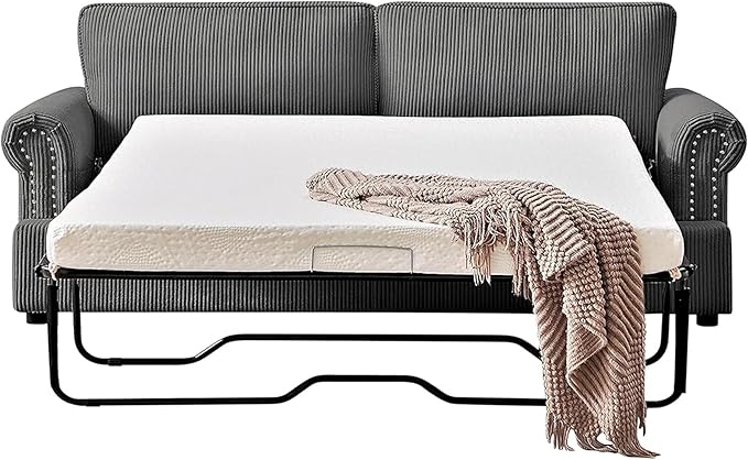 Reversible Sleeper Sofa Bed with Comfortable Memory Foam Mattress Convertible Corduroy Full Size Pull Out Couch for Living Room Space Saving Furniture 76 Wide Rounded Arms Grey