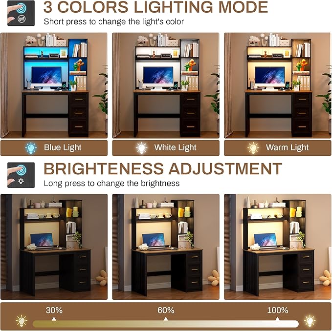 LVSOMT 40” Home Office Desk with Hutch and Drawers Computer Desk with Power Outlets and LED Light Study Writing Gaming Table with Storage Shelves Workstation for Bedroom Black