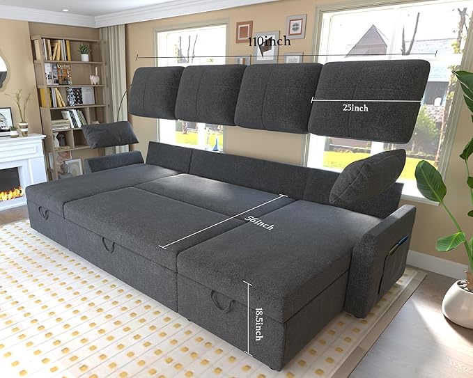 VanAcc Sleeper Sofa 110 inch Oversize - 2 in 1 Pull Out Bed Sectional Sleeper Sofa with Double Storage Chaise for Living Room Grey Linen Couch