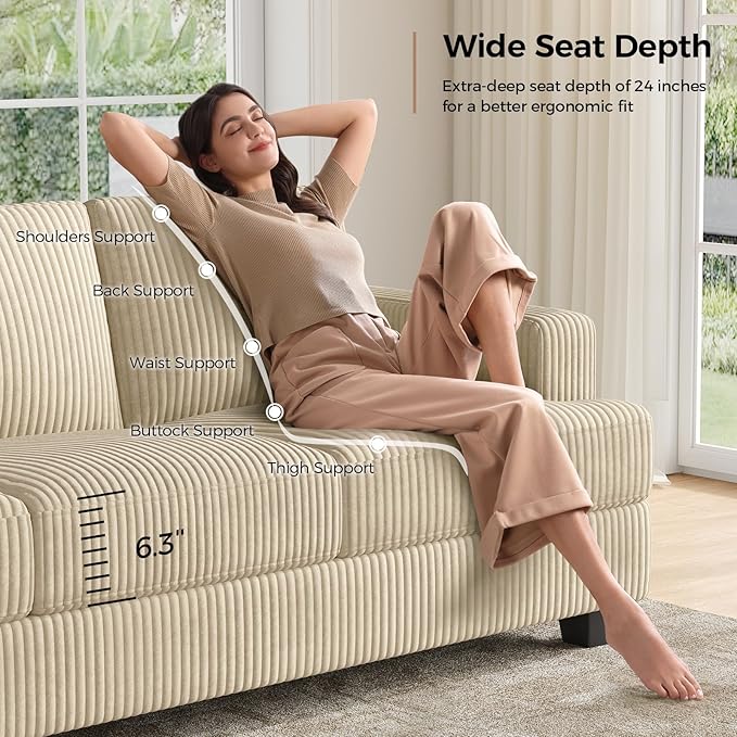 89 Inch Sofa with Extra Deep Seats Oversize 3 Seater Sofa for Living Room Modern Couch and Sofa Comfy Armrests and Seats and Backrests Easy InstallationWide Corduroy Fabric Beige