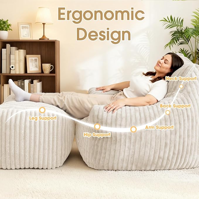 Giant Bean Bag Chair with Ottoman Oversized Plush Comfy Bean Bag Sofa for Adults and Kids Memory Foam Mini Couch Single Lounges for Living Room Bedroom &amp Game Room(Beige)