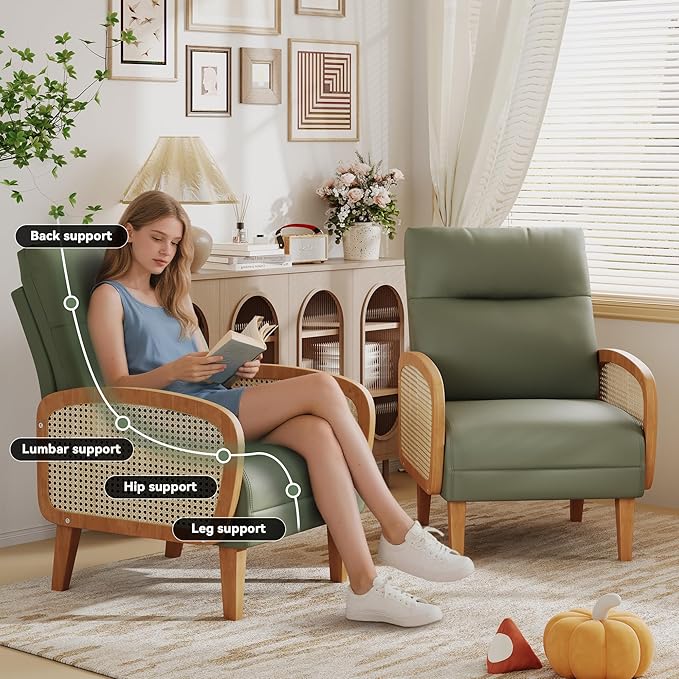 Andeworld Accent Chair Set of 2Upholstered Modern Living Room Chairs with Natural Rattan Arm Faux Leather Arm Chair with Wooden Legs for Bedroom Club Balcony Reception Green