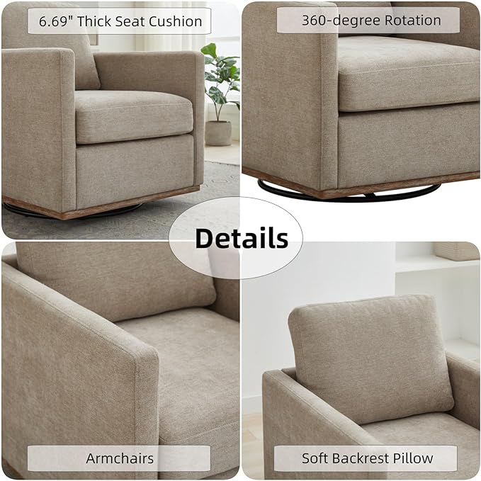 KEIKI 360° Swivel Club Chair with Backrest Pillow Accent Square Single-seat Armchair Upholstered Sofa for Reading Nursery Living Room Bedroom Lounge Hotel