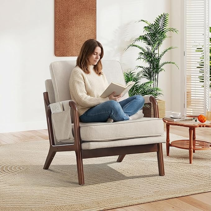 CANMOV Accent Chairs Set of 2 Mid Century Modern Chair with Extra Side Storage Pocket Upholstered Reading Armchair with Waist Cushion Accent Chair for Living Room Bedroom Easy Assembly Beige
