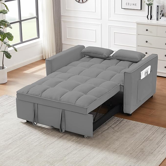 Sleeper Sofa Bed55 Inch Convertible 3-in-1 Pull Out Bed with Side Pockets Velvet Fabric Loveseat Sleeper Sofa with Adjustable Backrest for Living RoomBedroomApartment and Small Space(Grey)