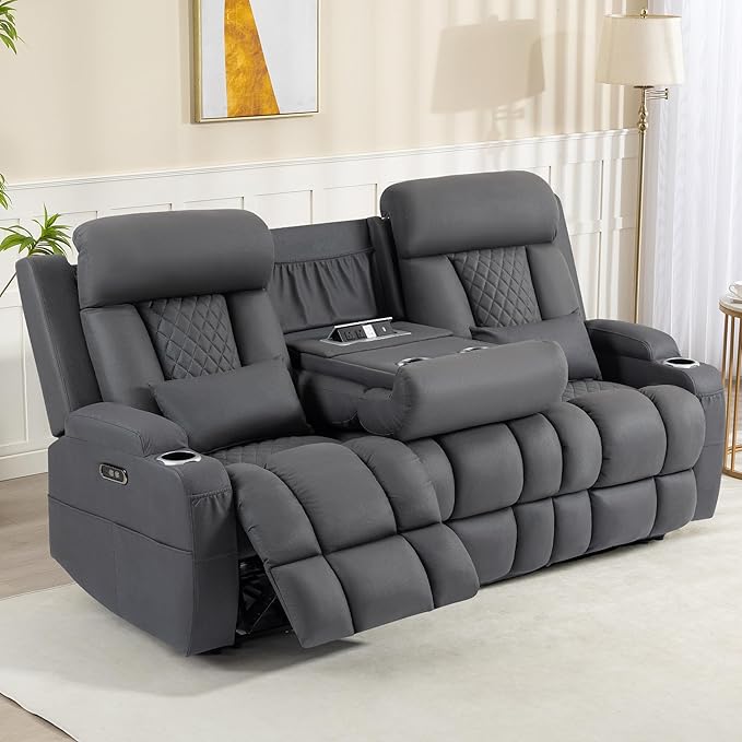 Zero Wall Hugger Power Reclining Sofa with Adjustable Headrest Electric Reclining Couch with Drop-Down TableOutlets Power Loveseat Recliner Sofa for Living Room (Gray 3 Seat)