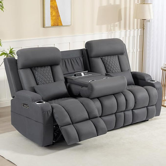 Zero Wall Hugger Power Reclining Sofa with Adjustable Headrest Electric Reclining Couch with Drop-Down TableOutlets Power Loveseat Recliner Sofa for Living Room (Gray 3 Seat)
