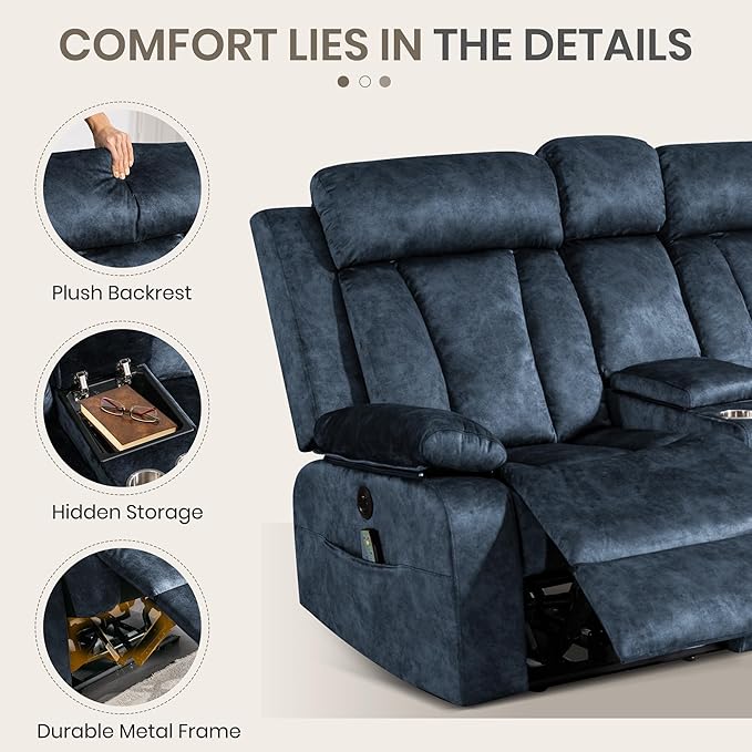 Power Reclining Loveseat with Heat &amp Massage Dual Recliner Sofa with Console Cup Holders USB &amp Type-C Ports 2 Seater Electric Reclining Couch for Living Room RV (Blue 2 Seat)