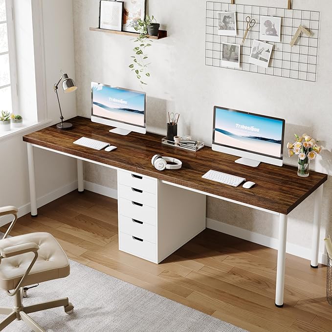 Tribesigns Two Person Computer Desk with 5 Drawers 78.7 Inches Extra Long Double Office Desk Modern Simple Double Computer Desk Study Writing Table Workstation for Home Office(Brown/White)